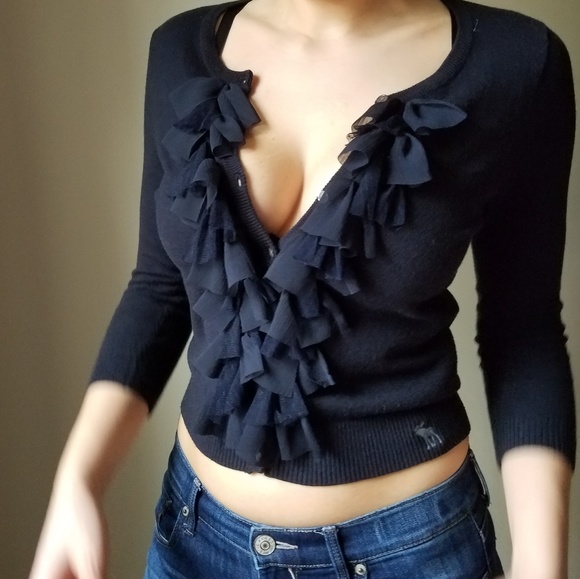 NWOT Navy Cardigan w/ Lace Fringe Detail - Picture 5 of 6